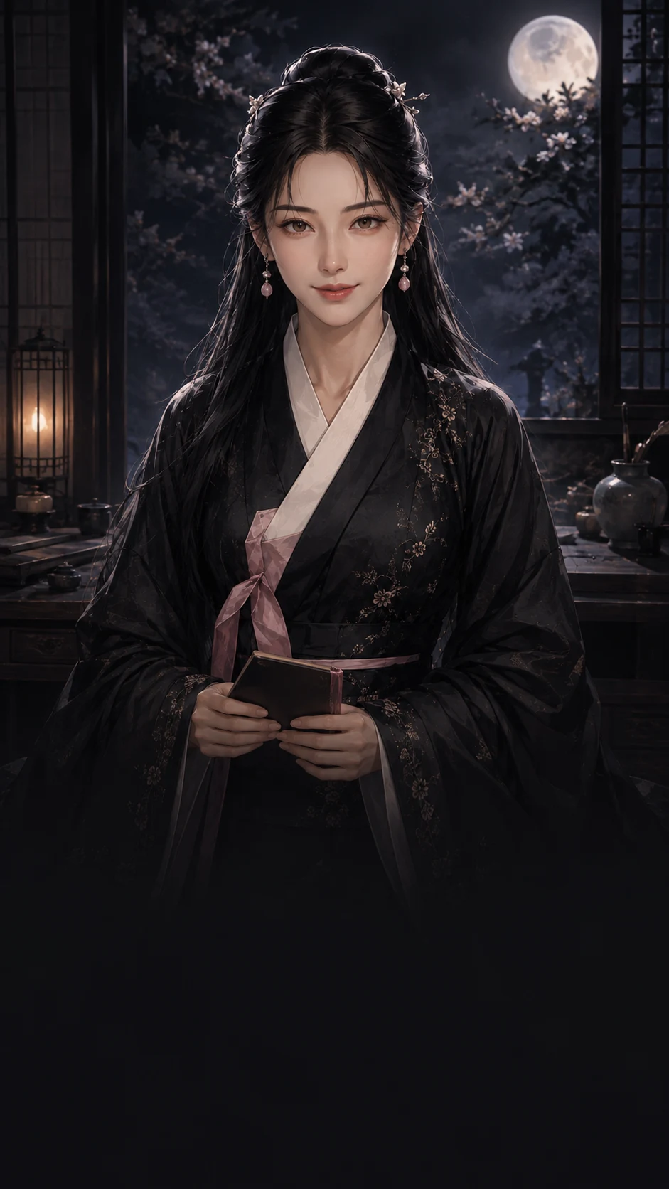 달빛 아래 검은 기록장을 든 도화 상담자